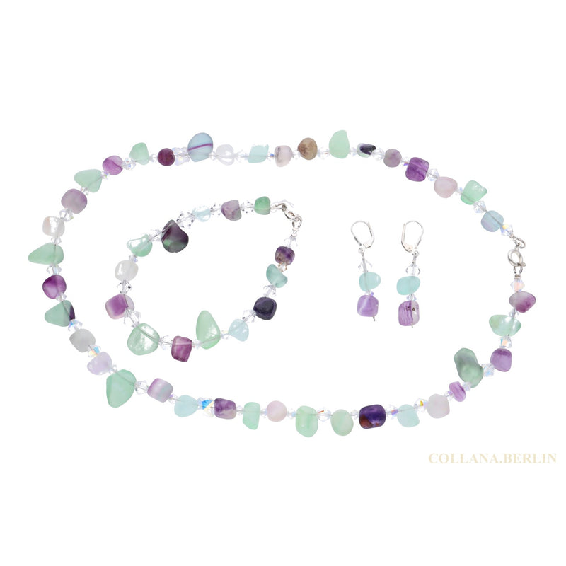 Schmuckset aus Fluorit-Edelsteinen mit Swarovskikristallen