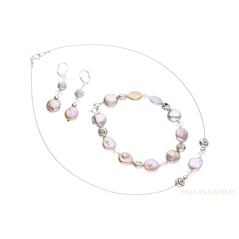 Schmuckset aus Zuchtperlen, Silberschnecken und Swarovskikristallen