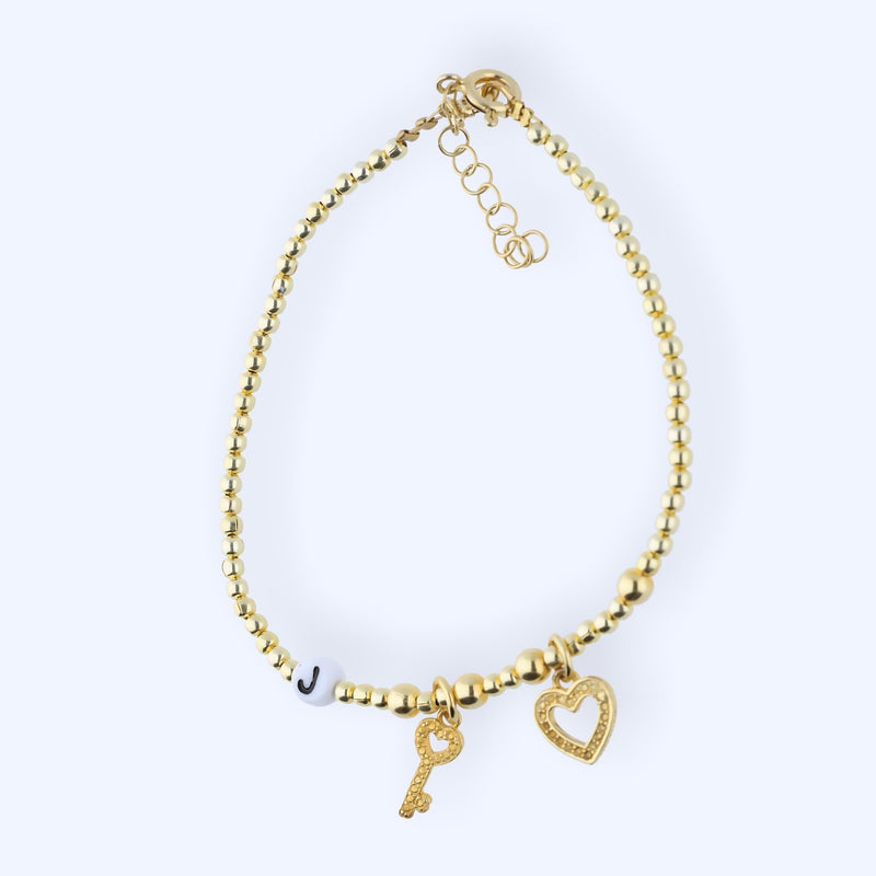 Goldfilled  Armband  aus Goldperlen mit Schlüssel und Herz, personalisierter Schmuck mit Buchstaben