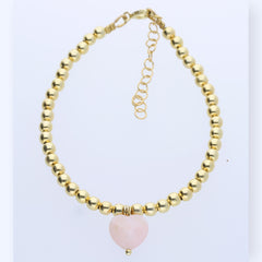 Goldfilled  Armband  aus Goldperlen mit Herzanhänger Pink Opal