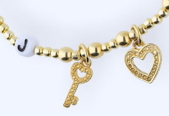 Goldfilled  Armband  aus Goldperlen mit Schlüssel und Herz, personalisierter Schmuck mit Buchstaben