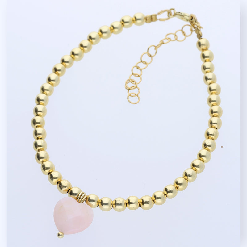Goldfilled  Armband  aus Goldperlen mit Herzanhänger Pink Opal