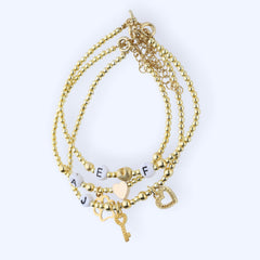 Goldfilled  Armband  aus Goldperlen mit Schlüssel und Herz, personalisierter Schmuck mit Buchstaben